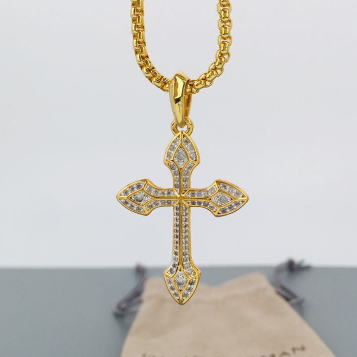 david-yurman-สร้อยคอ-david-yurman-gothic-cross-amulet-กับ-pave-เพชรและ18k-สีเหลืองทองจี้เงินชุบ-d25501m88adi