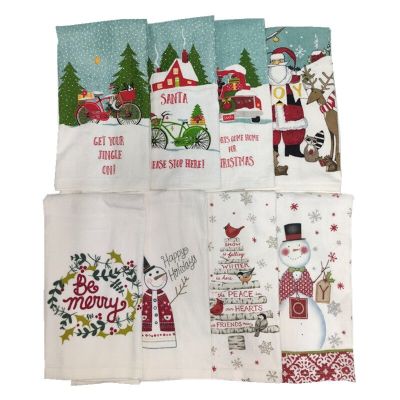5Pcs 41x65cm Christmas Snowman Santa Claus Tree Printed Cotton Kitchen Dishcloth Tea Towels Xmas Party Gift