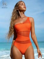 Sexy One Shoulder Mesh Patchwork One-Pieces Swimwear Women 2023 New Hollow Out High Cut Womens Swimsuit Monokini Push Up Bikini