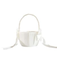 Wedding Flower Girl Basket with Cute Pearl Handle Bowknot Satin Flower Baskets for Wedding Ceremony Etc