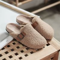 35-42 Lambswool Mules Women Belt Buckle Fleeces Cork Slippers Winter Clog Shoes Woman Thick Soled Cover Toe Plush Fur Slides2022