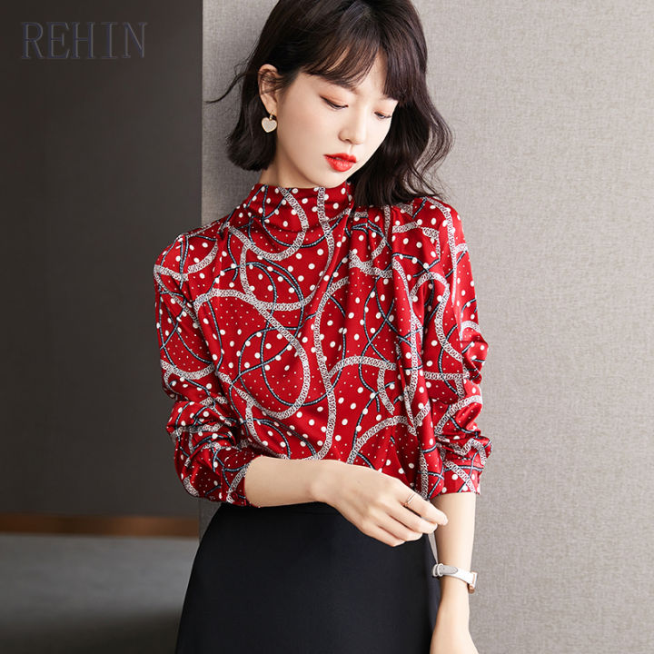 rehin-เสื้อลำลองผู้หญิงแขนยาวมีระบาย-ใหม่พิมพ์ลายผ้าชีฟองคอสูงเสื้อผู้หญิง