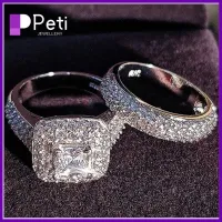 เครื่องประดับ PETI 2ชิ้นโลหะผสม Zircon Micro-แหวนฝังเงินเงินสีขาวเพชรหรูหราของขวัญแหวนหมั้นรอบคู่