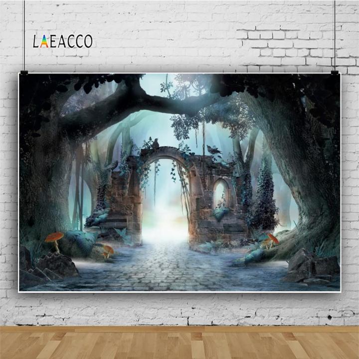 laeacco-ชุดรูปแบบเทพนิยายฉากพื้นหลังป่าเห็ดประตูโค้งภาพพื้นหลังทารกภาพเหมือน
