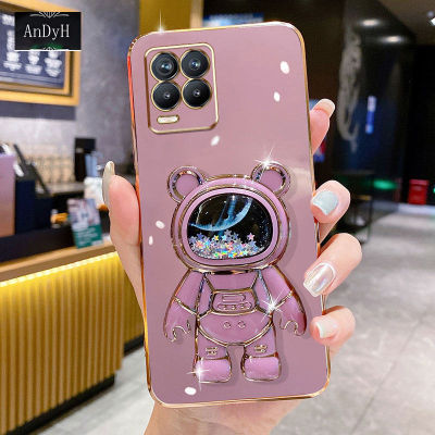 AnDyH Phone Case OPPO Realme 8 4G/Realme 8 Pro/Realme 8i/Realme Narzo 50 6DStraight Edge Plating+Quicksand Astronauts who take you to explore space Bracket Soft Luxury High Quality New Protection Design