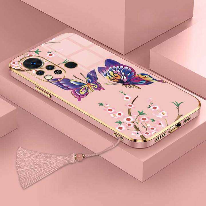 เคสสำหรับ-infinix-hot-11s-infinix-hot-11s-nfc-สุดหรูผีเสื้อกับกล้องดอกไม้เคสโทรศัพท์ขอบชุบกรอบซิลิโคนนิ่มพร้อมฟรีสายคล้อง