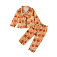 EWODOS Kid Girls Boys Halloween Pajamas Set Pumpkin Print Long Sleeve Button-Down Tops Long Pants 2 PCS Lounge Suit Sleepwear