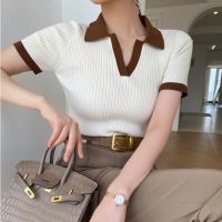 COD DSFERTGRYER High-End Feeling Classy polo Shirt Women 151715summer Contrast Color V-Neck Short-Sleeved Ice Silk Top Slim-Fit Inner Knitwear