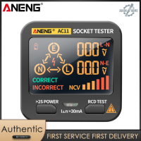 ANENG AC11เครื่องทดสอบซ็อกเก็ต,เครื่องตรวจจับไฟฟ้าการรั่วไหลของไฟฟ้าหน้าจอ LCD สายศูนย์สายสดเฟสไฟฟ้ามัลติฟังก์ชั่น RCD NCV เครื่องทดสอบวงจรขั้วปลั๊ก EU