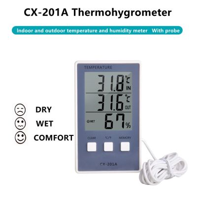 Cx-201a เครื่องวัดอุณหภูมิดิจิตอล Lcd เครื่องวัดความชื้นในที่ร่มกลางแจ้งตัววัดอุณหภูมิความชื้นจอแสดงผล C/f เซ็นเซอร์ Probe สถานีสภาพอากาศ