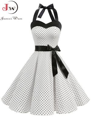 【YF】 Vestido de verão feminino estampado em bolinhas Halter branco retrô sexy Robe vintage Pin Up feminino Rockabilly vestido festa