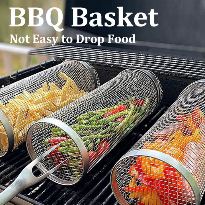 BBQ Rolling Grill Basket, Stainless Steel Wire Mesh Cylinder Grilling  Basket, Portable Outdoor Camping Barbecue Rack for Vegetables, French  Fries