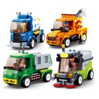 SLUBAN City Series Municipal Vehicle Cleaning Sprinkler Sanitation Car Figures Building Blocks Kits Classic Model Toys For Child