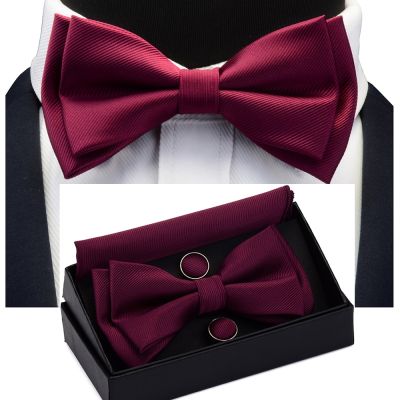 Solid Bow Tie Set Different Size Up and Down Men 39;s Plain Bowtie Handkerchief Cufflinks Gift Box Set For Men Wedding Fashion Ties