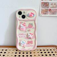 HelloKitty เคสโทรศัพท์สำหรับ iPhone 14 13 12 Pro Max Plus 11ตุ๊กตา3D น่ารักสีชมพูลายสตรอเบอร์รี่โบว์น๊อตดึงหน้าต่างกล้องป้องกันเคส TPU นิ่มหยัก