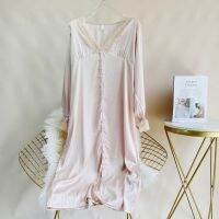 Lace Patchwork Nightdress Sleepdress V Neck Satin Nightshirt Button down Kimono Dressing Gown Lingerie Summer Lounge Wear