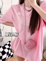 Casual Short Sleeved Womens T-shirt Loose and Simple Round Neck with Bag Ins Versatile Summer Pink Top