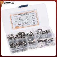 UMMEAX 325pcs เหล็กไร้สนิม แหวนหมุดย้ำ #6 #2 #8 3/16 "1/4" เครื่องสำรองข้อมูล เครื่องซักผ้าแบบแบน ชุดจัดประเภท เงินสีเงิน แหวนแบน หมุดยิงตะปู