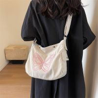 Large Capacity Canvas Bag For Women 2023 New Trendy Fashion Butterfly Embroidered Crossbody Bag College Student Tutoring Cloth Tote Bag