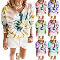 Spot parcel post2022 Autumn and Winter New wish Europe and America Cross Border Womens Clothing V Collar Tie-Dye Printing Long Sleeve Loose Top T T-shirt