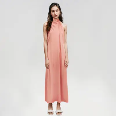 Closet Crush High neck sleeveless maxi Dress (Salmon) เดรสออกงานแขนกุดผูกคอ