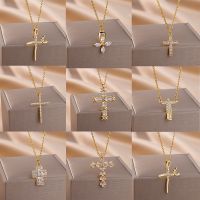 Fashion Zircon Cross Pendant Necklace For Women Man Gold Plated Stainless Steel Clavicle Chain Necklaces Trend Couple Jewelry