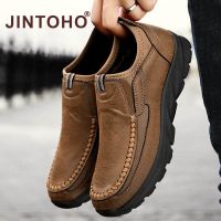 [Jintoho] new mens canvas shoes handmade leather loafers shoes mens fashion 2021