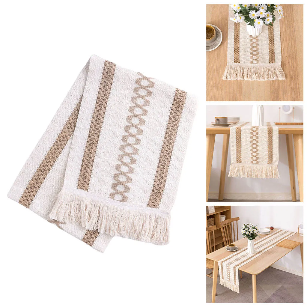 Beige Macrame Table Runner With Tassels Cotton And Linen Splicing