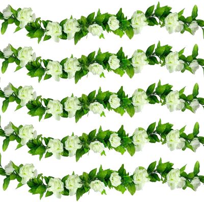 [AYIQ Flower Shop] 5แพ็ค37.5ฟุตประดิษฐ์ดอกไม้สีขาวมาลัยกุหลาบ Vines ฤดูใบไม้ร่วงตกแต่ง F AUX ดอกไม้แขวนผนังพืชสำหรับงานแต่งงานที่บ้านพรรค