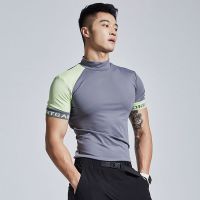 OMG trendy brand high-collar quick-drying running short-sleeved sports T-shirt mens stretch tight training fitness clothes