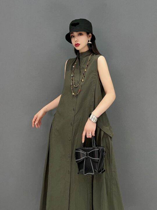 xitao-dress-loose-solid-color-casual-stand-collar-sleeveless-tanks-dress