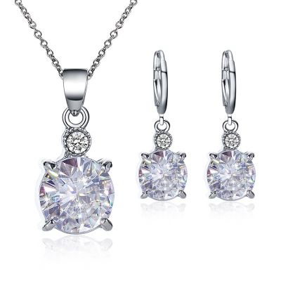Exquisite Fashion Women 39;s Round Zircon Crystal Earrings Necklace Set Fashion Couple Engagement Anniversary Gift Earrings
