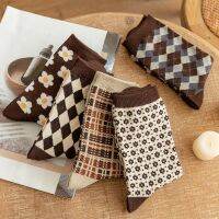 ℡✥✻  Vintage Brown Stripe Rhombic Small Flowers Women Long socks Winter and Spring Ethnic Style Girls Warm Cotton Sock  Middle Tube