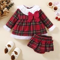 Prowow 0-18M Baby Girls Christmas Outfit Doll Collar Red Plaid Top+Pants ‏New Year Costume For Newborn Baby Christmas Clothes