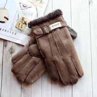 Sheepskin Fur Gloves Mens Thick Winter Warm Large Size Outdoor Windproof Cold Hand Stitching Sewn Leather Finger Gloves