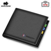 BISON DENIM 100 Cow Leather Small Wallet Men Bifold Credit Card Holder Wallet RFID Blocking Purse For Men Portemonnee Male N447