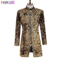 Mens Luxury Gold Shiny Long Blazer Jacket 2022 Brand Stand Collar Zipper Suit Jacket Men Party Show Stage Prom Singer Costumes