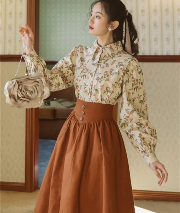Korean Fashion Women Outfits Autumn Long Sleeve Print Flower Shirt Vintage  Blouse Tops & Brown Maxi Skirt For Elegant Lady Suits | Lazada PH