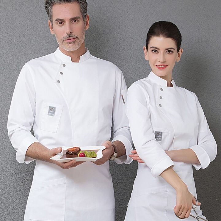 เสื้อผ้าพ่อครัวกระดุมสองแถวเสื้อปรุงอาหารสีดำสำหรับเครื่องแบบร้านอาหารจัดเลี้ยงในครัวแขนยาวสีน้ำเงิน