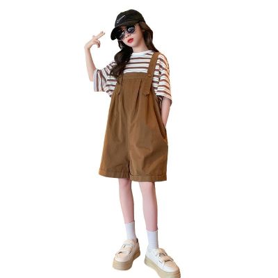 【Ready】🌈 Girls striped short-sleeved suit for children Korean version 2023 new thin section summer fashionable bib pants girls