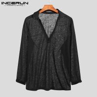 Incerun เสื้อเชิ้ตลําลองชายแขนยาวคอวีสีดําสุดเซกซี่