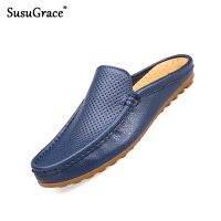 SusuGrace New Mens Leather Mules Summer Casual Slippers Breathable Light Flats Shoes Outdoor Balck Blue White Zapatos de hombre