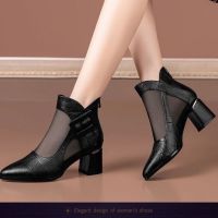 2022 Spring Summer New Style Real Soft Leather Mesh Boots Womens Hollow Toe Cap Sandals Thick Heel Mid-Heel Fashionable