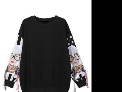 XITAO Sweatshirt Black Long Sleeve Women Patchwork Print Tassel Sweatshirts Top
