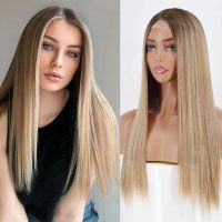 Long Straight Blonde Brown Mid Section Synthetic Wig For Women Everyday Wear Heat Resistant Natural Hair Halloween Cosplay Party