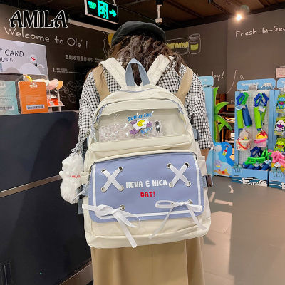 AMILA กระเป๋ากระเป๋าเป้สำหรับเด็กหญิงสไตล์ญี่ปุ่น มีริบบิ้นพิมพ์ลายกันน้ำสำหรับเด็กกระเป๋านักเรียนใส่ไปโรงเรียน