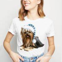 HU  3-10-5 ΩμЁCute Christmas puppy Yorkies print shirt harajuku kawaii clothes white basic tshirt