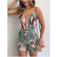 Womens V-Neck Sleeveless Strappy Holiday Short Playsuits Striped Cami Belt Romper Jumpsuit