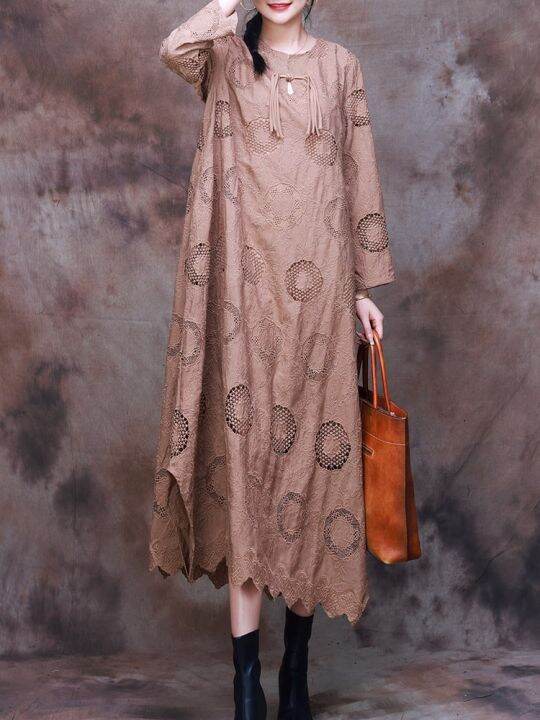 xitao-dress-hollow-out-jacquard-vintage-long-sleeve-dress