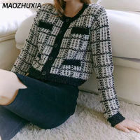 MAOZHUXIA เสื้อคอกลมลายฟันสุนัขย้อนยุคที่สวยงามทันสมัยเกาหลีเสื้อแจ็คเก็ตคาร์ดิแกนกันหนาวถักแขนยาวกระดุมแถวเดียว